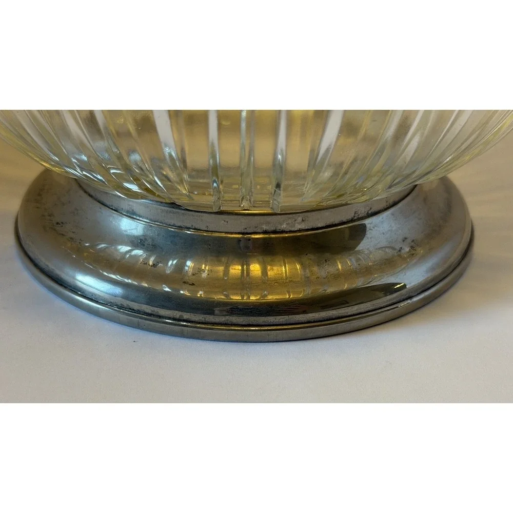 Vintage Made in Italy Ribbed Glass Pedestal Bowl Chrome Base Centerpiece Fruit